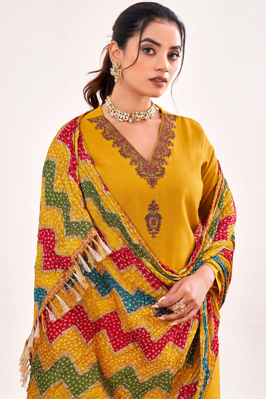 Yellow Color Rayon Fabric Casual Tempting Salwar Suit