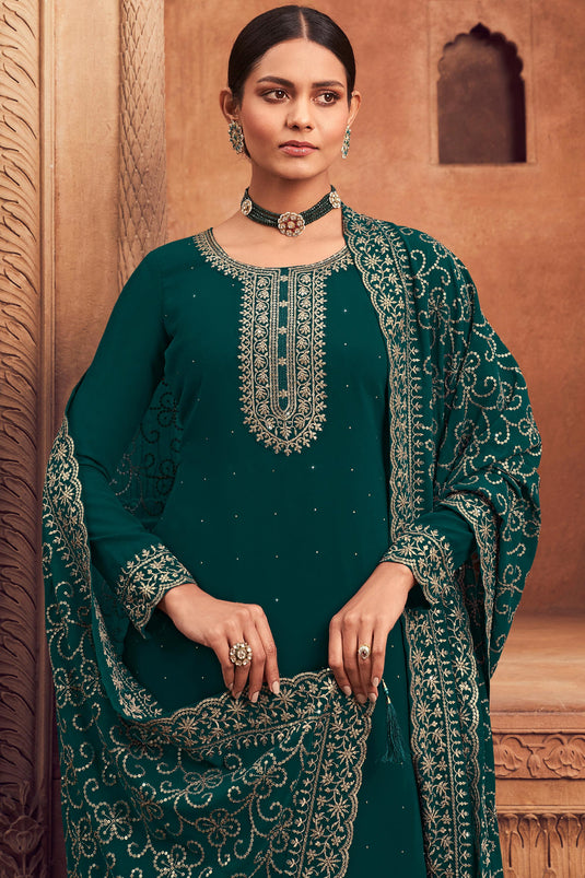 Festive Wear Embroidered Georgette Fabric Palazzo Suit In Teal Color