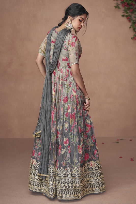 Party Wear Organza Silk Fabric Grey Color Mesmeric Digital Printed Readymade Anarkali Style Long Gown With Dupatta