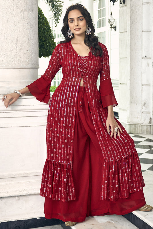 Georgette Fabric Red Color Festive Wear Embroidered Readymade Designer