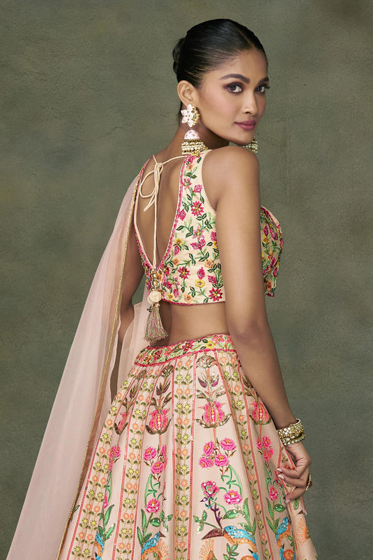 Peach Color Silk Fabric Embroidered Readymade 3 Piece Lehenga Choli