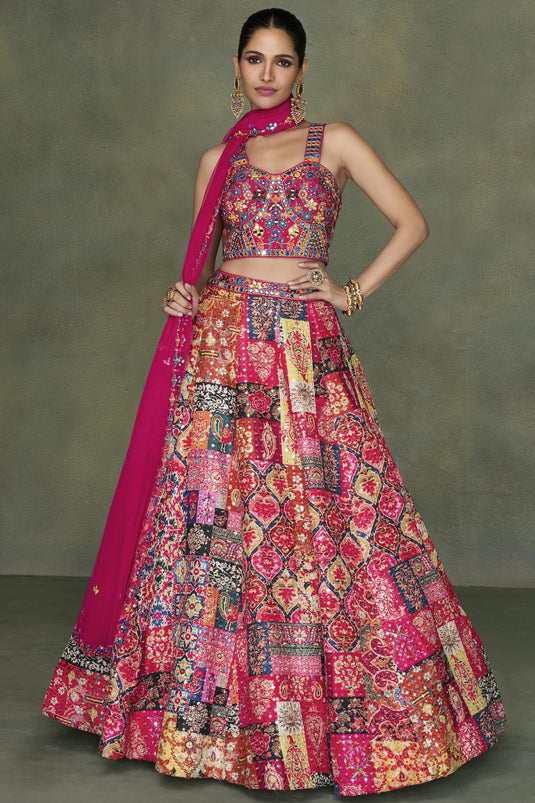 Silk Fabric Rani Color Embroidered Readymade Lehenga Choli