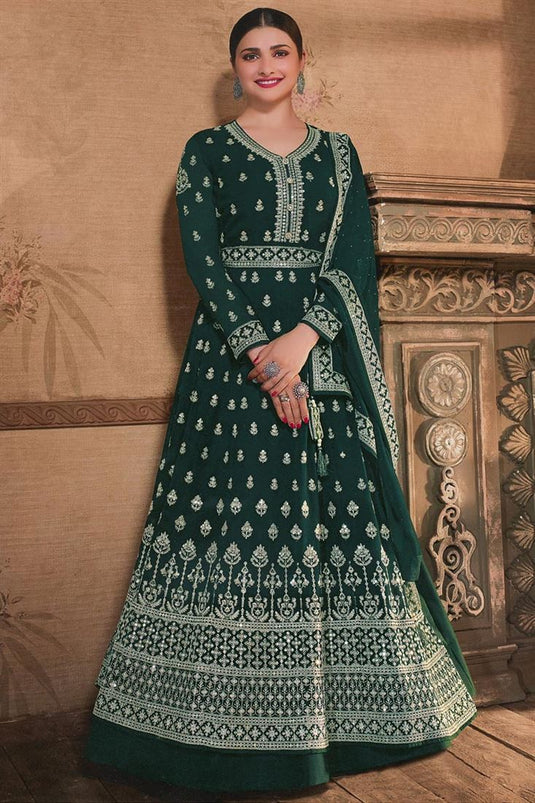 Prachi Desai Creative Georgette Fabric Anarkali Suit In Dark Green Color