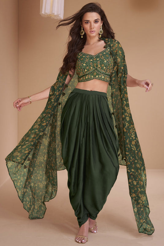 Albescent Green Color Embroidered Readymade Indo Western Dhoti Suit With Shrug