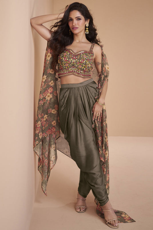 Satin Silk Fabric Soft Embroidered Dark Beige Color Readymade Indo Western Dhoti Suit With Shrug