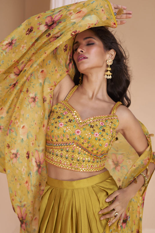 Faded Yellow Color Satin Silk Fabric Embroidered Readymade Indo Western Dhoti Suit With Shrug