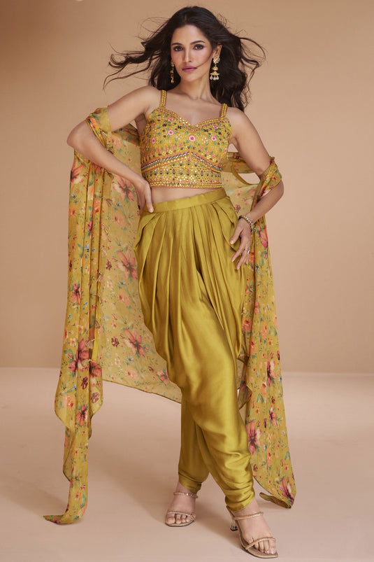 Faded Yellow Color Satin Silk Fabric Embroidered Readymade Indo Western Dhoti Suit With Shrug