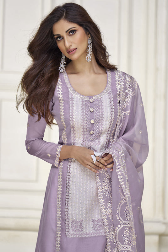 Lavender Color Organza Silk Fabric Fancy Embroidered Function Wear Designer Long Straight Cut Salwar Suit