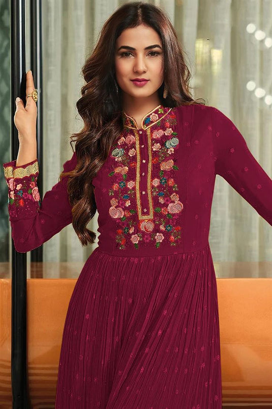 Sonal Chauhan Georgette Fabric Burgundy Color Attractive Anarkali Suit