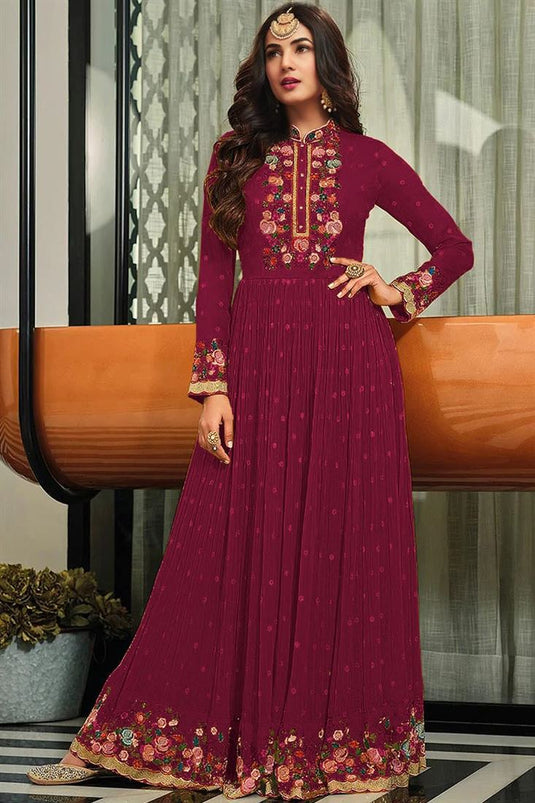 Sonal Chauhan Georgette Fabric Burgundy Color Attractive Anarkali Suit