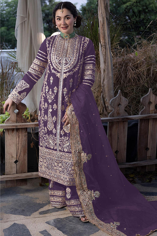 Dazzling Georgette Fabric Lavender Color Pakistani Replica Palazzo Suit