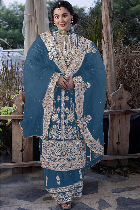 Radiant Cyan Color Georgette Fabric Pakistani Replica Palazzo Suit