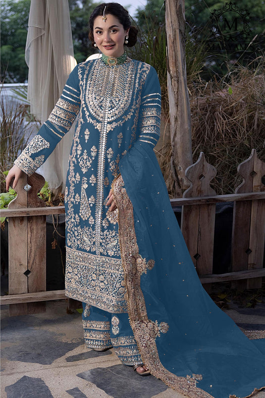 Radiant Cyan Color Georgette Fabric Pakistani Replica Palazzo Suit