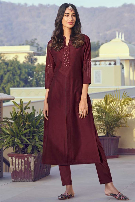 Maroon Color Daily Wear Pretty Embroidered Work Art Silk Fabric Kurti With Bottom