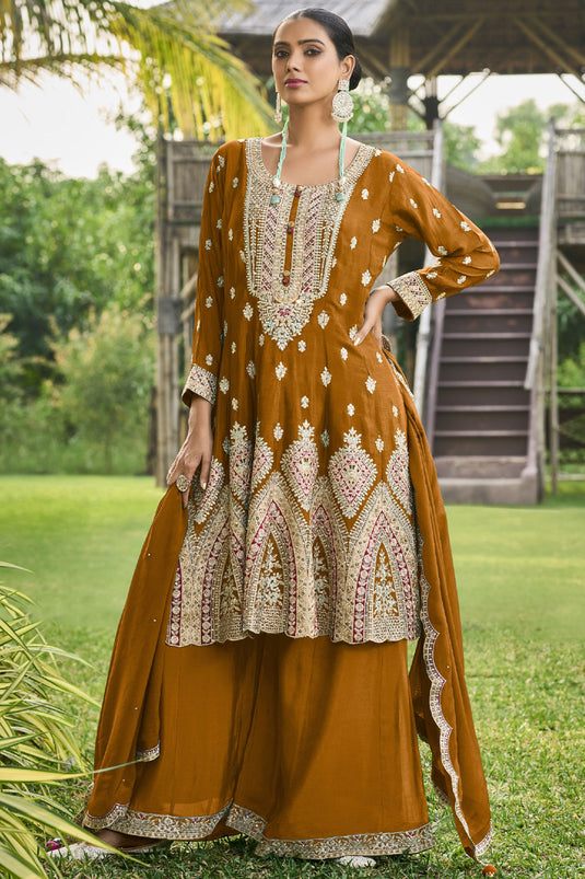 Fabulous Chinon Fabric Mustard Color Readymade Palazzo Suit