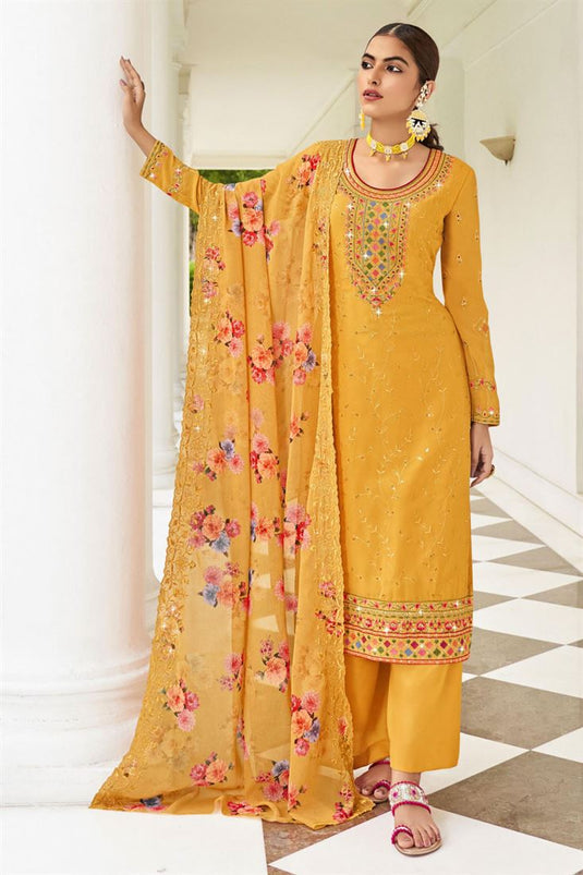 Dazzling Embroidered Mustard Color Palazzo Suit In Georgette Fabric