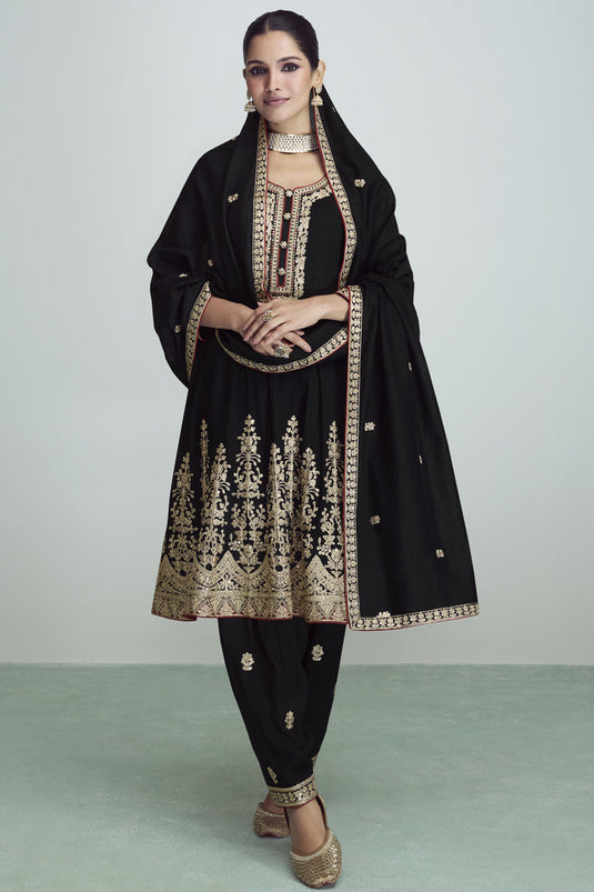 Sangeet Wear Embroidered Readymade Designer Salwar Kameez In Silk Fabric Black Color