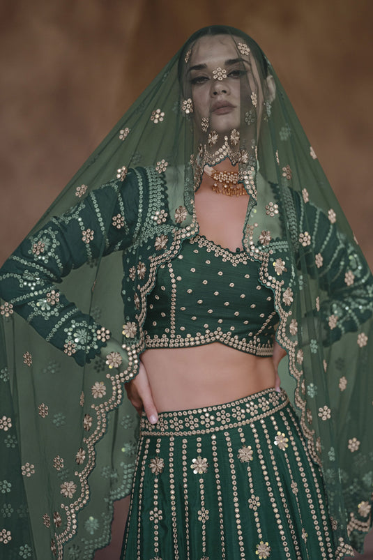 Dark Green Color Embroidered Readymade Lehenga Choli In Chinon Silk Fabric