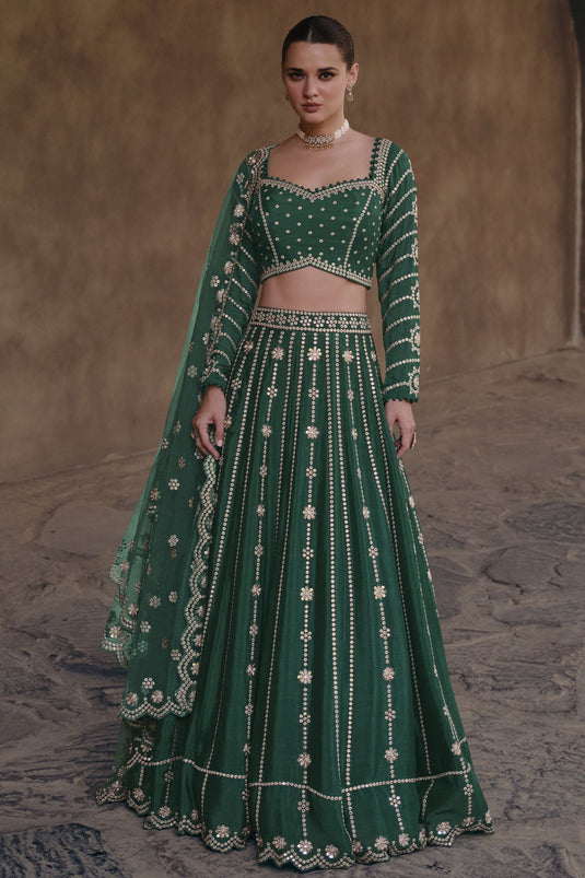 Dark Green Color Embroidered Readymade Lehenga Choli In Chinon Silk Fabric