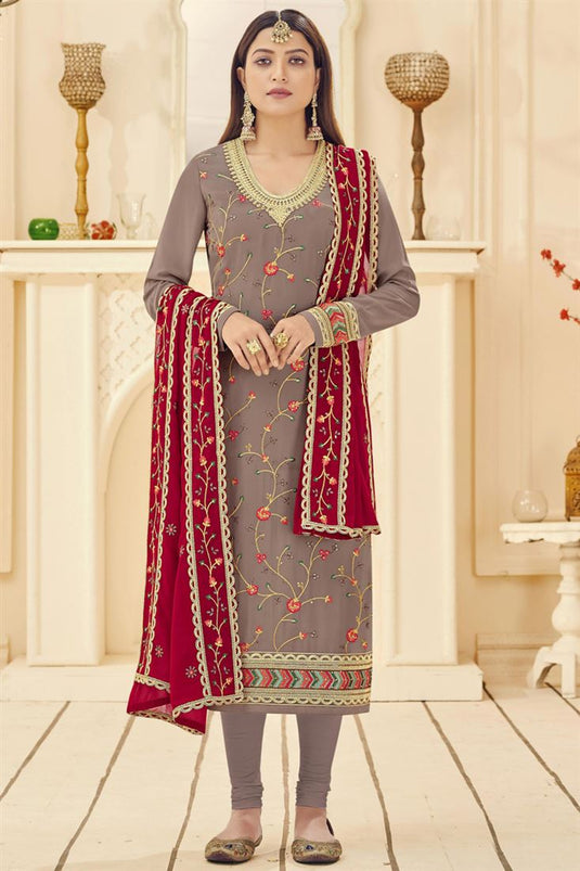 Chikoo Color Adorming Georgette Salwar Suit With Contrast Dupatta