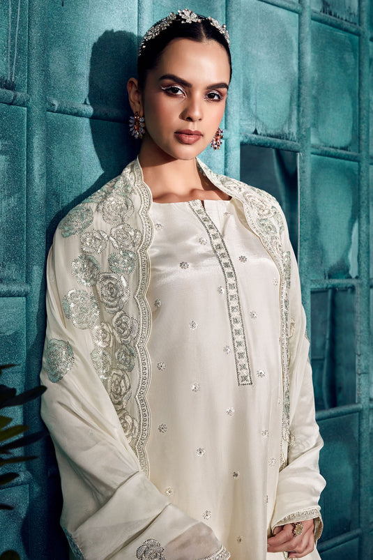 Off White Color Art Silk Fabric Party Style Classic Embroidered Salwar Suit