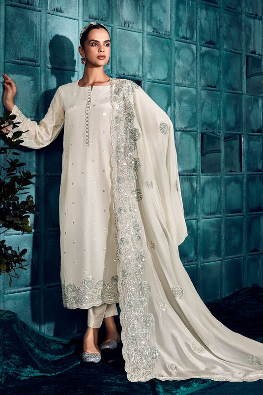 Off White Color Art Silk Fabric Party Style Classic Embroidered Salwar Suit