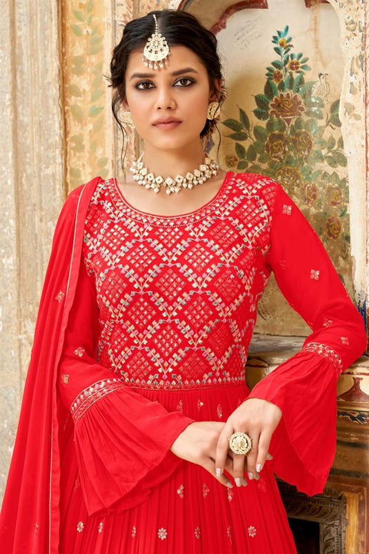 Embroidered Georgette Red Color Sharara Top Lehenga