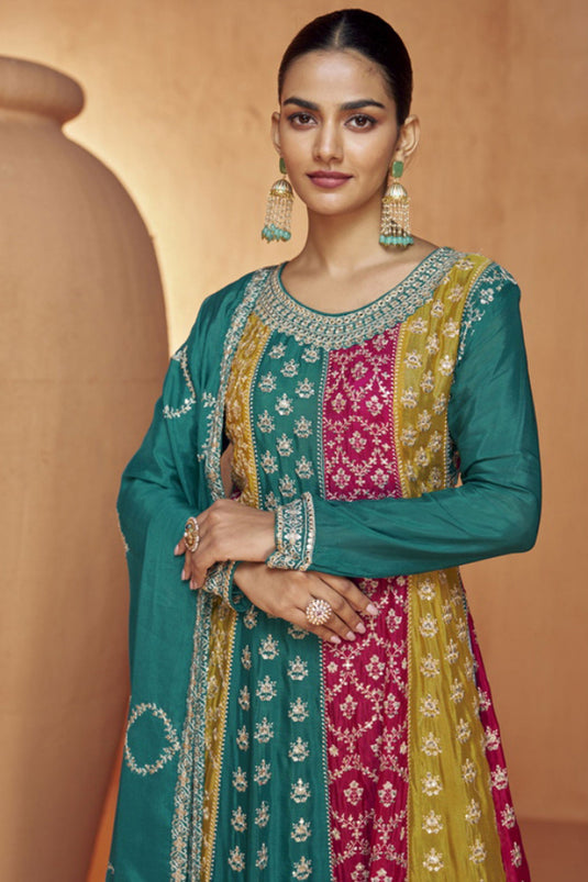 Delight Teal Color Chinon Fabric Embroidered Readymade Palazzo Salwar Kameez