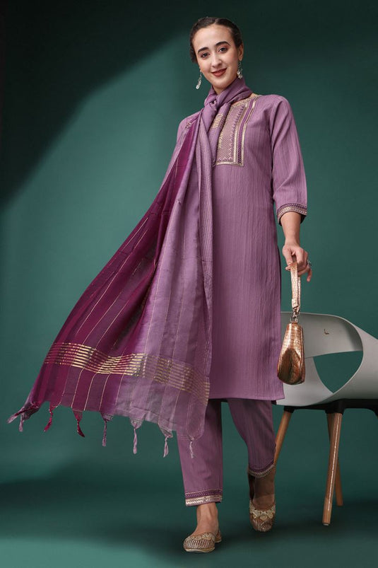 Stylish Lavender Color Embroidered Art Silk Casual Ready to Wear Salwar Suit