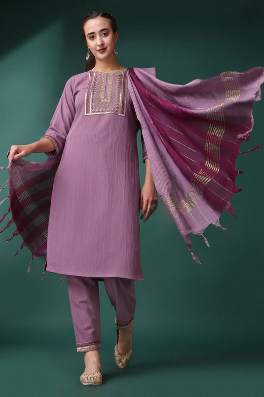 Stylish Lavender Color Embroidered Art Silk Casual Ready to Wear Salwar Suit