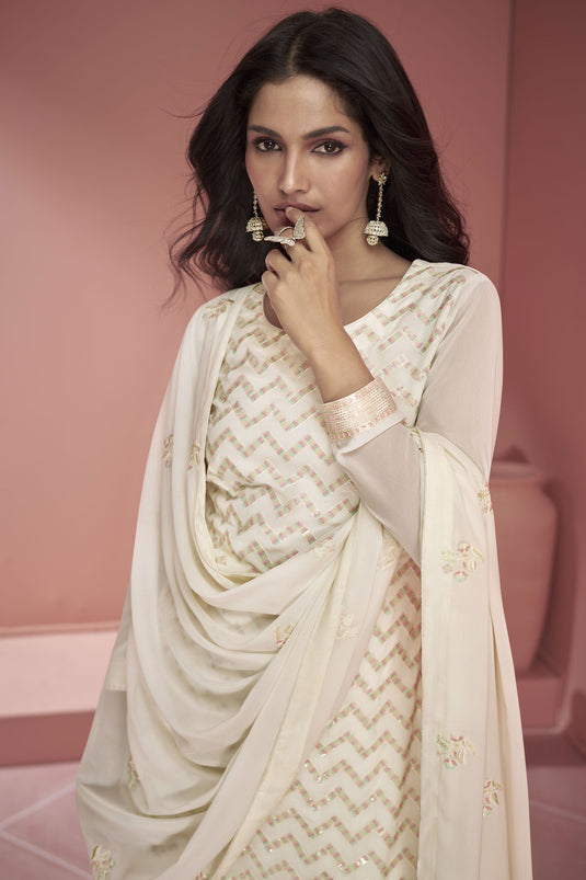 Vartika Singh White Color Georgette Fabric Tempting Readymade Palazzo Suit