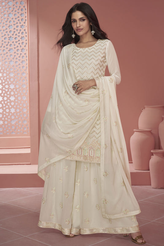 Vartika Singh White Color Georgette Fabric Tempting Readymade Palazzo Suit