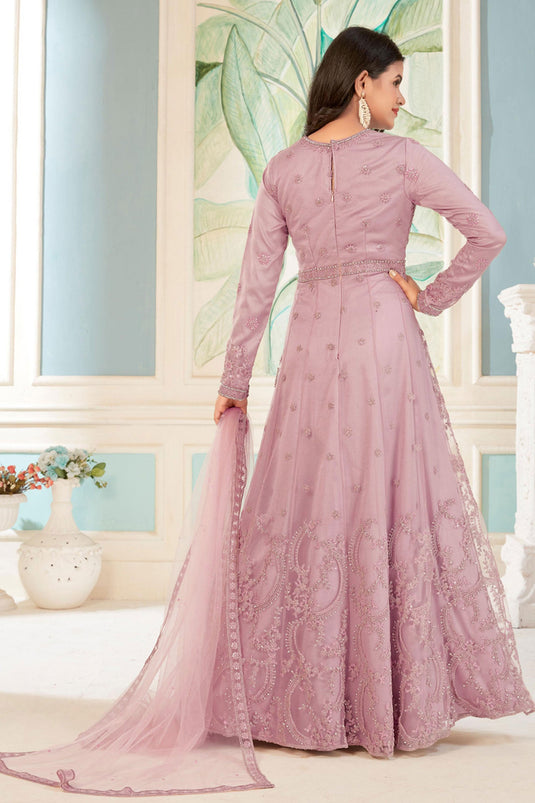 Pink Color Sangeet Wear Embroidered Anarkali Salwar Suit In Net Fabric