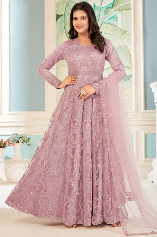 Pink Color Sangeet Wear Embroidered Anarkali Salwar Suit In Net Fabric