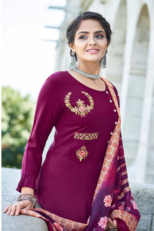 Wine Color Rayon Fabric Beguiling Readymade Embroidered Kurti Pant With Dupatta In Casual Wear