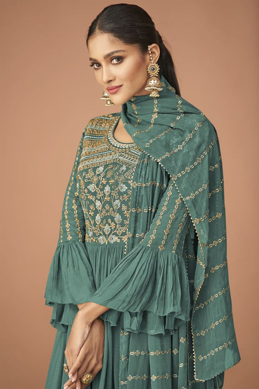 Incredible Embroidered Work On Georgette Fabric Teal Color Function Wear Readymade Palazzo Suit