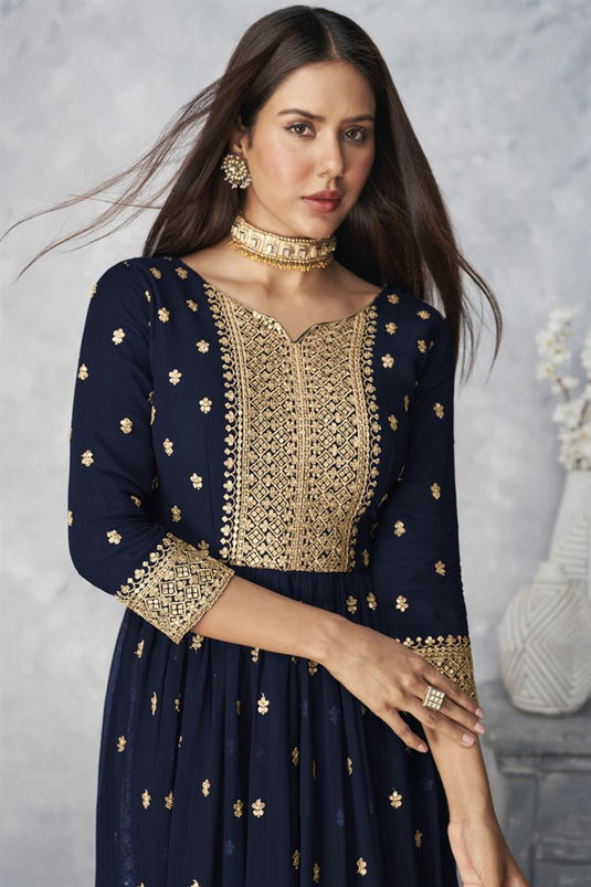 Sonam Bajwa Navy Blue Color Ravishing Palazzo Suit In Georgette Fabric