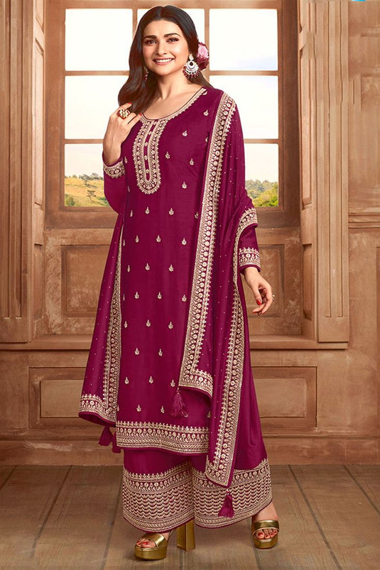 Prachi Desai Burgundy Color Appealing Art Silk Palazzo Suit For Function