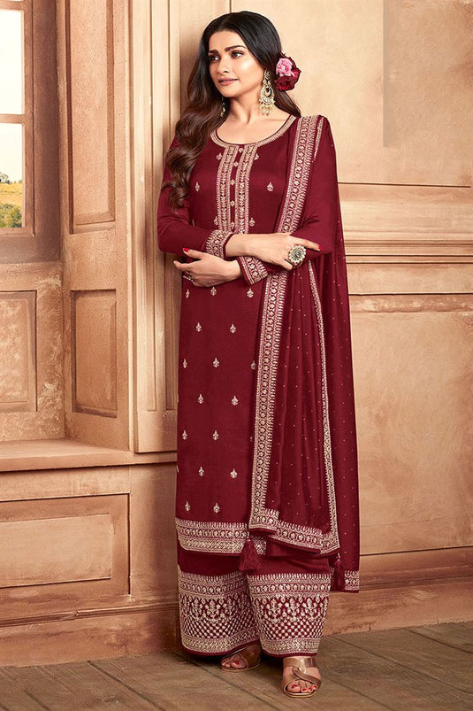 Prachi Desai Maroon Color Engrossing Art Silk Palazzo Suit For Function