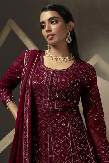 Fetching Function Wear Georgette Gown With Dupatta In Maroon Color