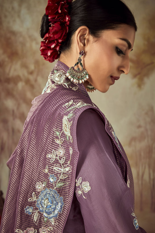 Party Wear Art Silk Fabric Bewitching Salwar Suit In Lavender Color