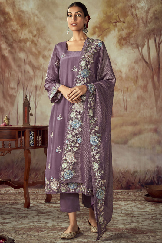 Party Wear Art Silk Fabric Bewitching Salwar Suit In Lavender Color