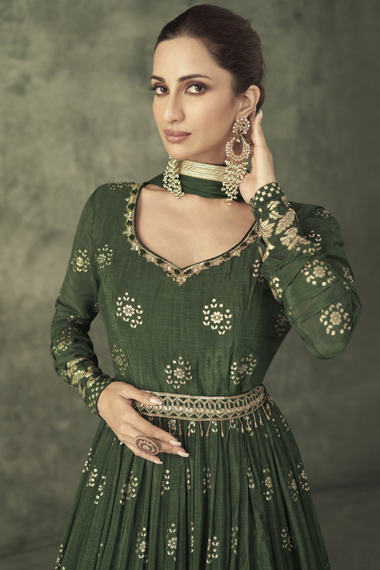 Albescent Dark Green Color Weaving Work Readymade Party Style Gown With Dupatt