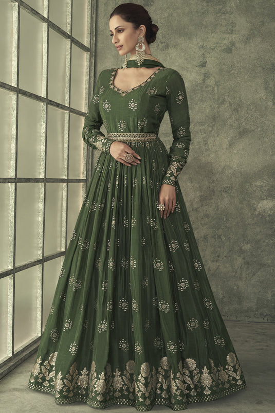 Albescent Dark Green Color Weaving Work Readymade Party Style Gown With Dupatt