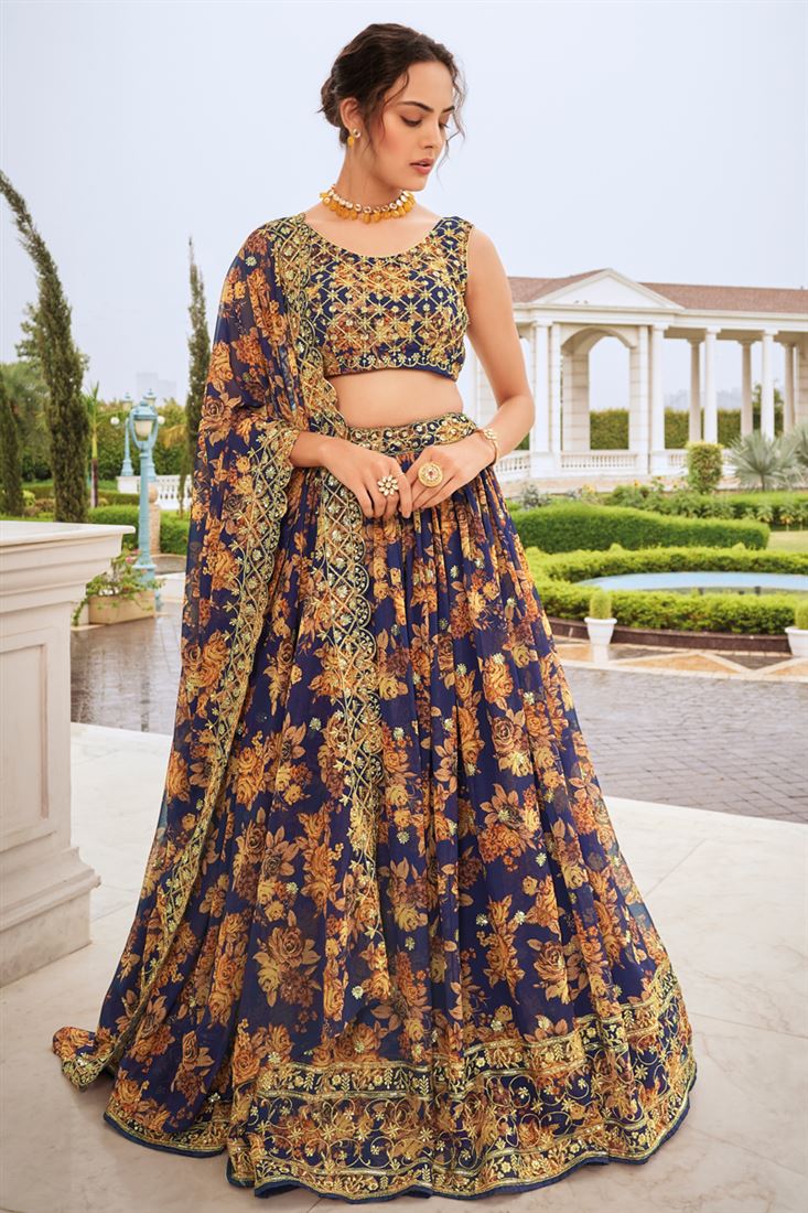 Designer Navy Blue Lehenga Choli With Gold Zari and Multiple Sequence  Embroidery Work for Woman Party Wear Lehenga Choli With Dupatta - Etsy