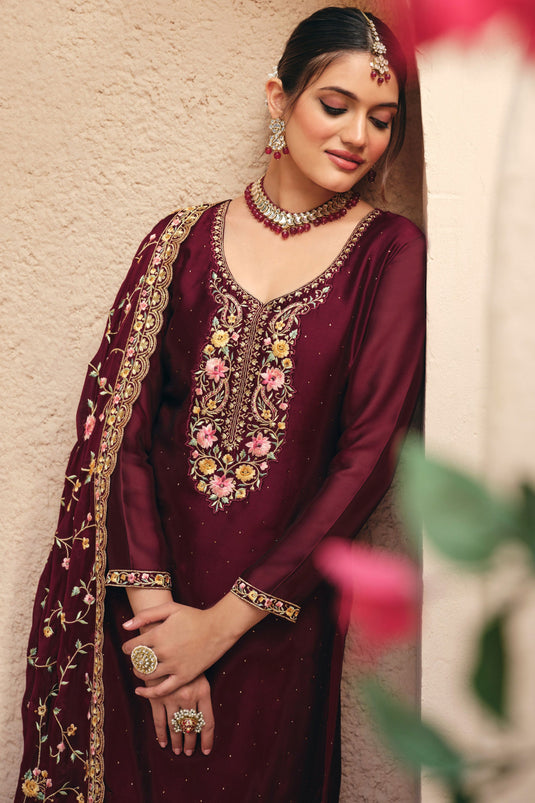 Maroon Color Georgette Fabric Tempting Embroidered Palazzo Suit