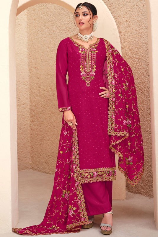 Georgette Fabric Rani Color Supreme Embroidered Palazzo Suit