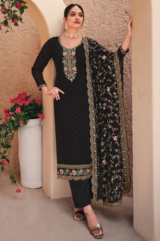 Alluring Georgette Fabric Black Color Embroidered Palazzo Suit