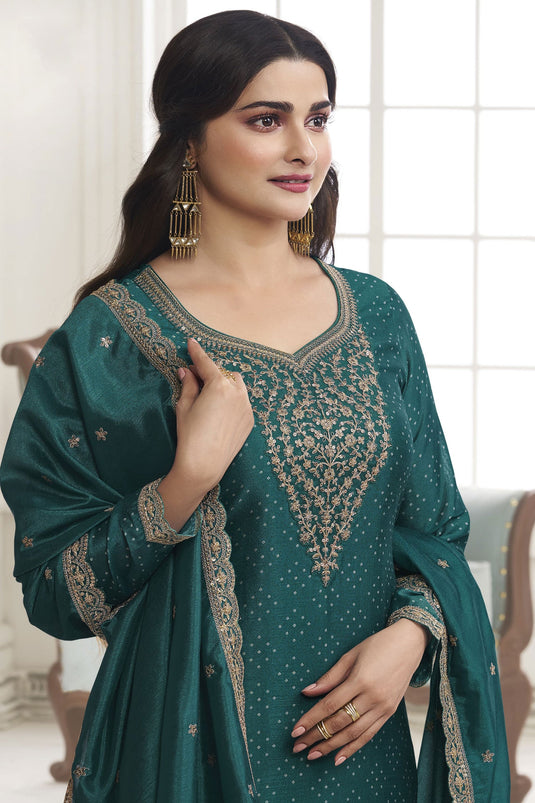 Prachi Desai Georgette Silk Fabric Embroidered Function Wear Long Straight Cut Salwar Kameez In Green Color