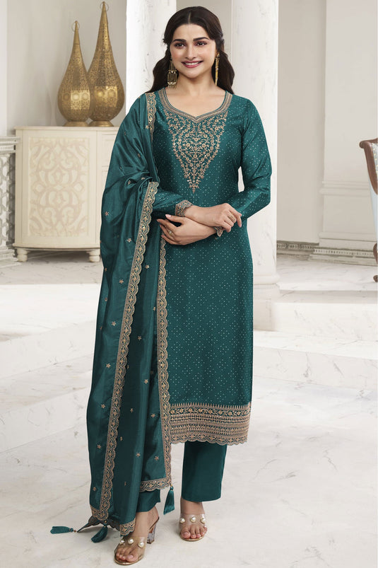 Prachi Desai Georgette Silk Fabric Embroidered Function Wear Long Straight Cut Salwar Kameez In Green Color